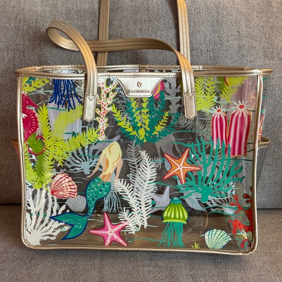 Spartina 449 Colorful Mermaid and Coral Print Tote Beach Bag - Picture 1 of 12